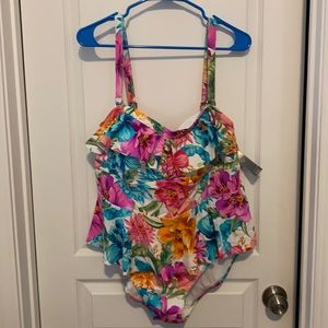 COPY - Terra & Sky floral peplum one piece swimsuit 1X